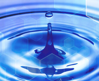 A water droplet creates a ripple with a medical hexagon pattern juxtaposed on top